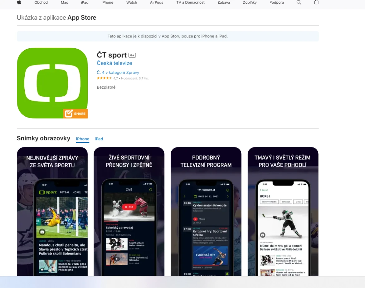  ČT Sport Plus v aplikaci
